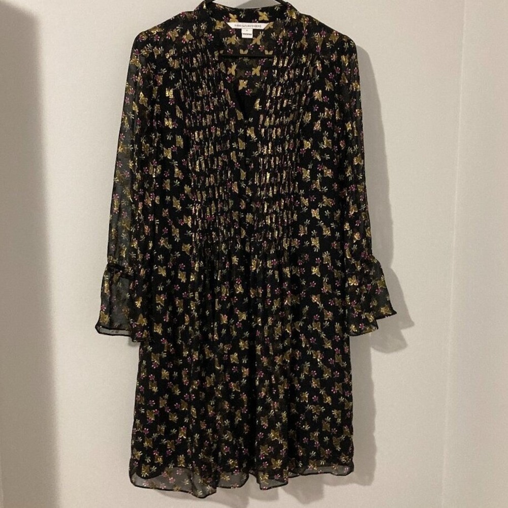 Diane von Furstenberg Butterfly Silk Dress Women 2 Black Gold Metallic Chiffon